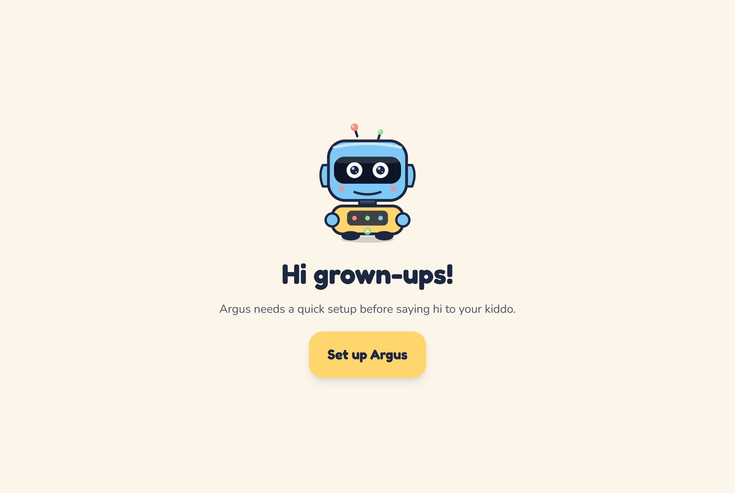 Bibo's grown-ups setup — a quick parent gate before the kid says hi.