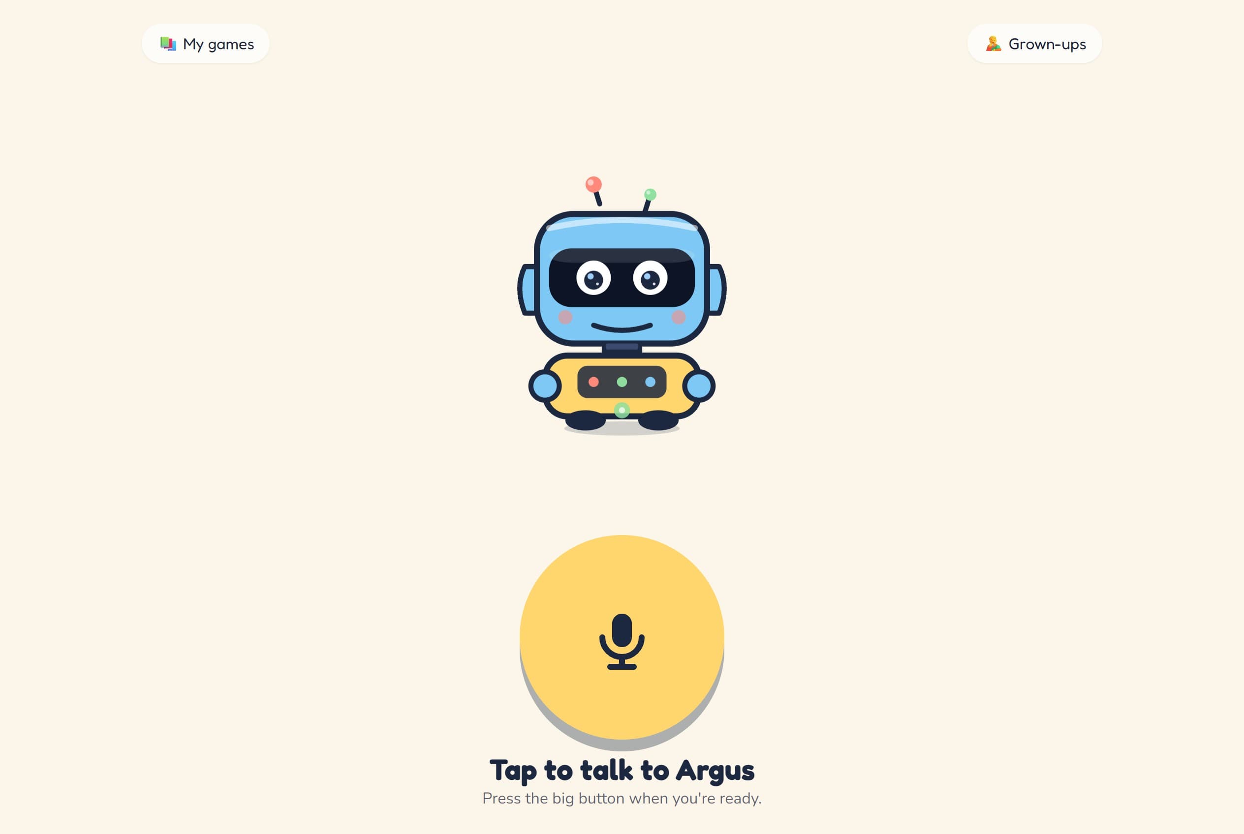 Bibo's home screen — a friendly robot and a big mic button: tap to talk.