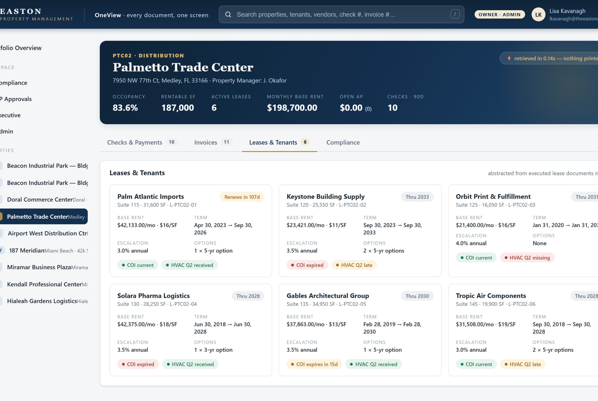 OneView — abstracted lease terms per tenant (rent, term, escalation, options) with COI/HVAC compliance chips.