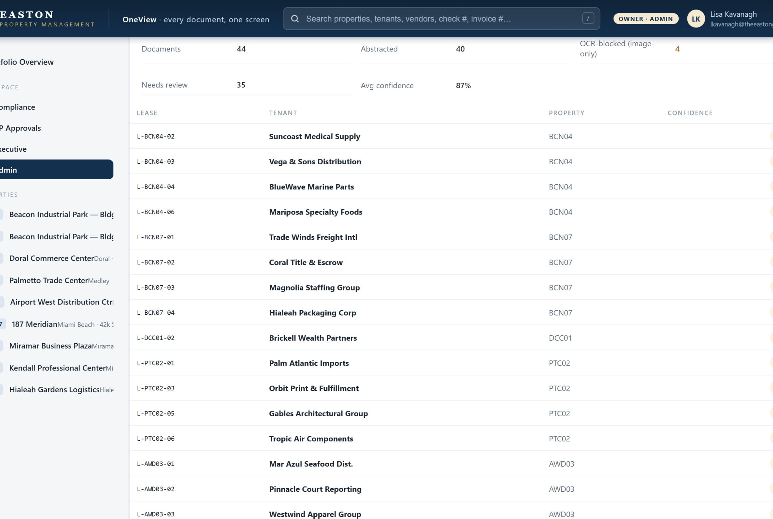 OneView — the Claude lease-abstraction pipeline with a per-field confidence score on every document.
