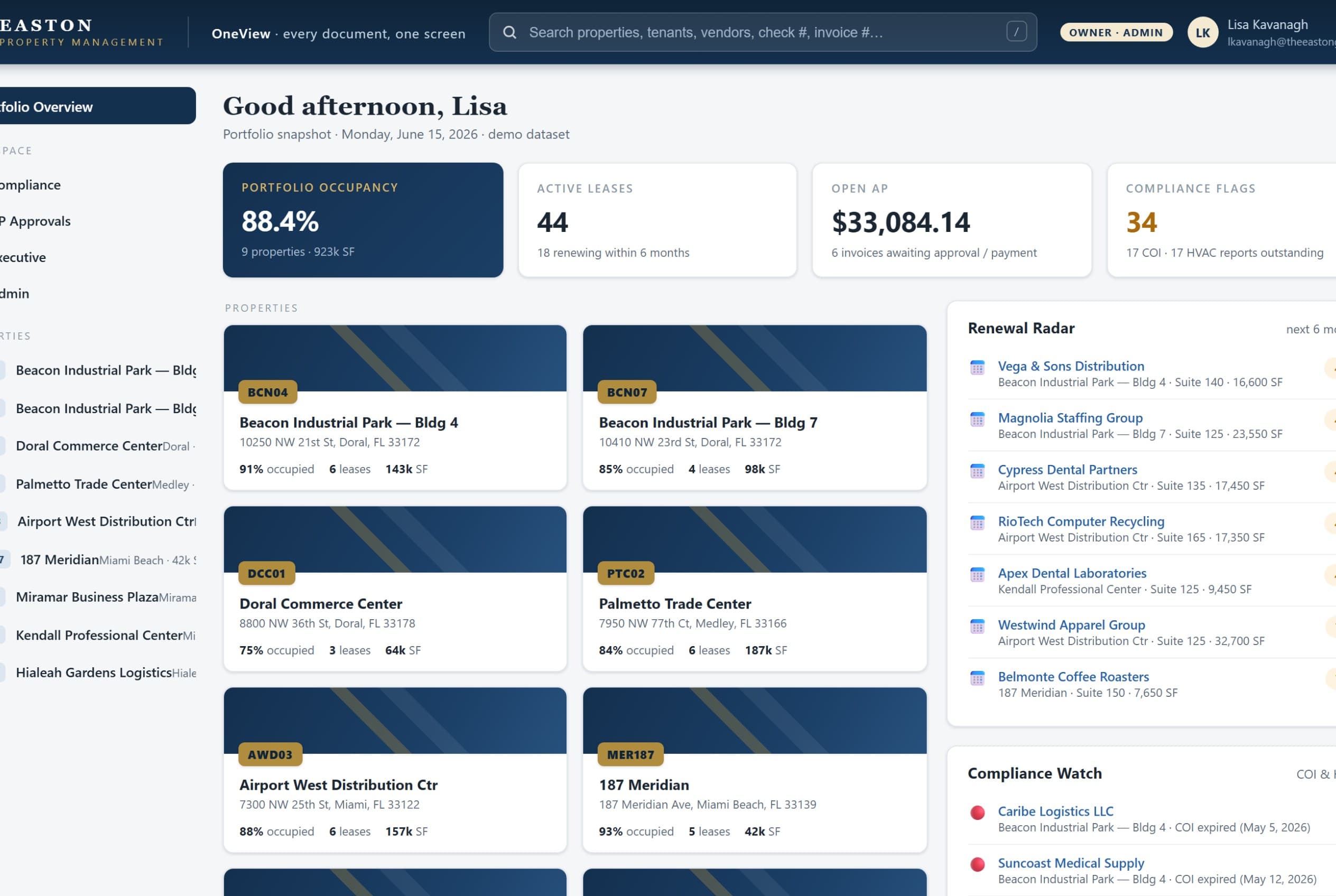 OneView's portfolio overview — occupancy, leases, open AP and compliance for The Easton Group on one screen.