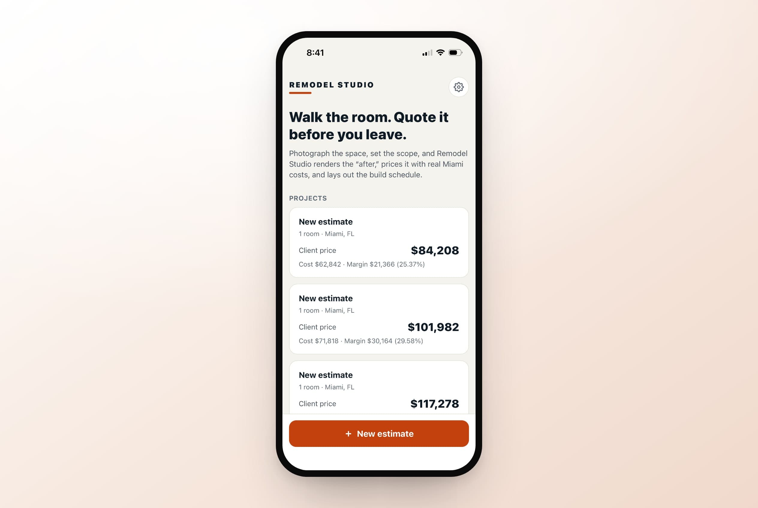 Remodel Studio's home on iPhone — walk the room and quote it, with live estimates.