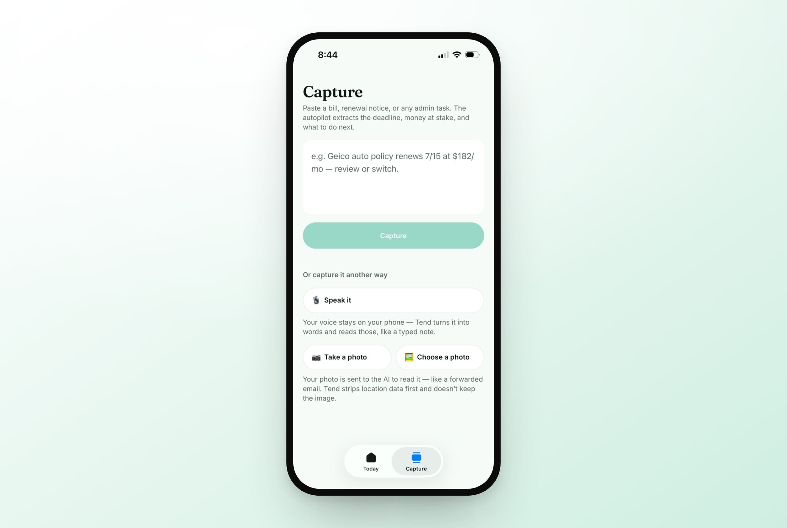 Tend capture screen — a photographed bill being scanned into structured detail rows.